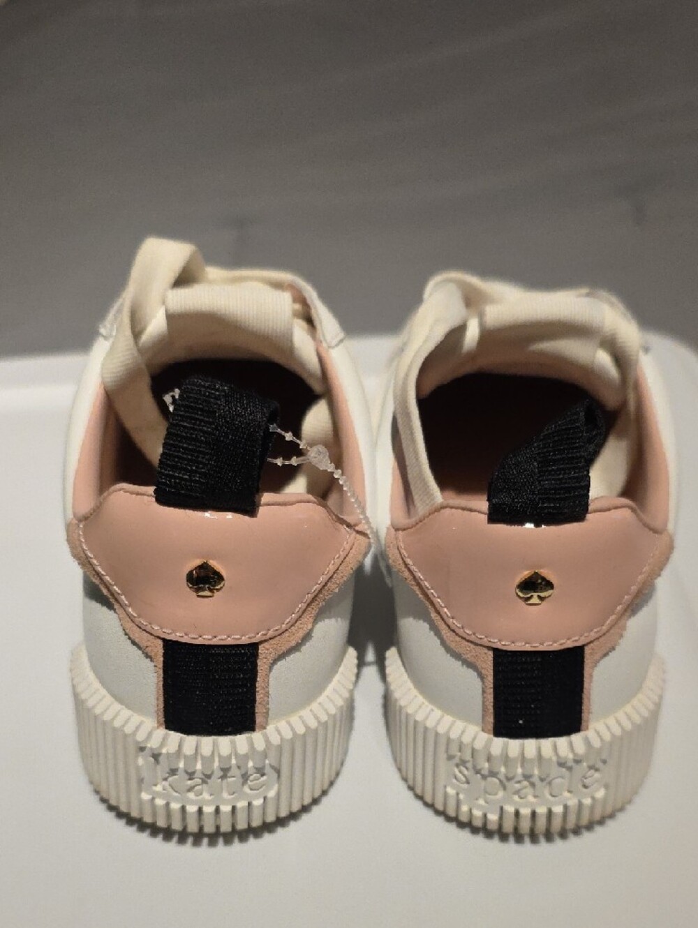 kate spade White Leather Sneakers with Black Side Stripe and Blush Lining - Picture 9 of 15